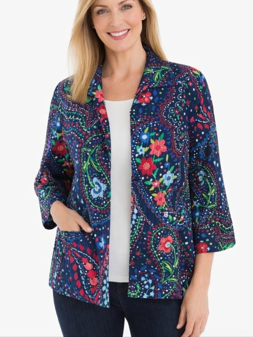 ALFRED DUNNER BOHEMIAN BLAZER JACKET WOMEN'S SZ 10 BLUE RED PRINT OPEN FRONT